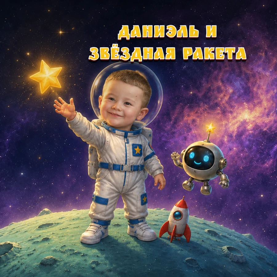 Квадратная обложка готовой книги «Даниэль и звёздная ракета»