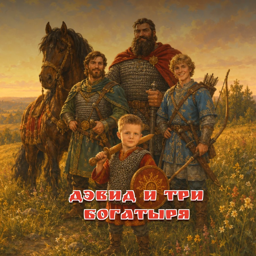 Квадратная обложка готовой книги «Дэвид и три богатыря»